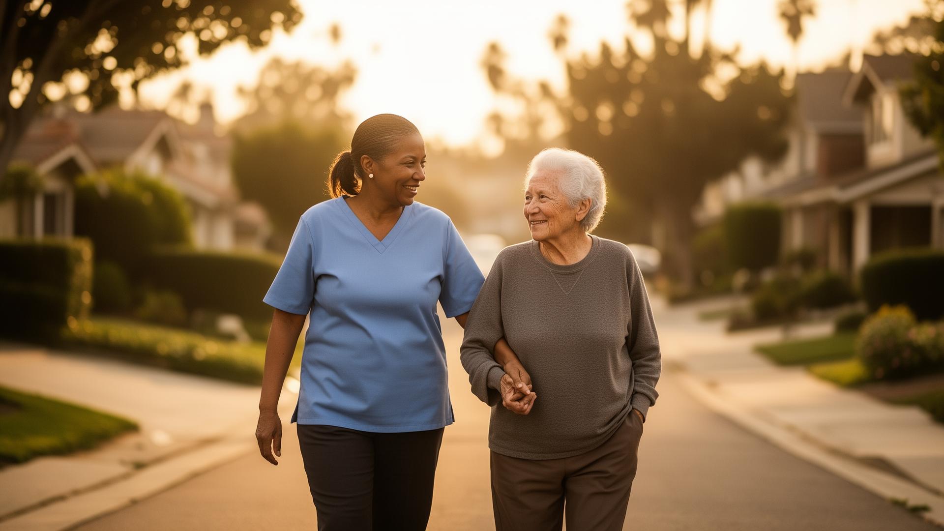 A community health worker walking with a patient at sunset